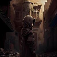 musulman femme dans le rue de le vieux ville. 3d le rendu, ai génératif image photo