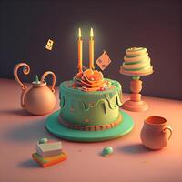 anniversaire gâteau avec bougies et des sucreries. 3d illustration., ai génératif image photo