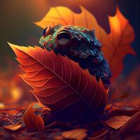 grenouille sur l'automne feuilles. 3d illustration. tonique., ai génératif image photo