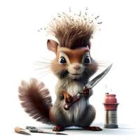 écureuil avec une salon de coiffure couteau et rasage brosse, ai génératif image photo