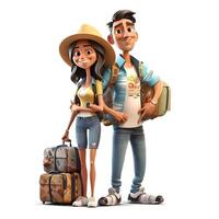 3d rendre de dessin animé couple avec valise sur blanc arrière-plan, ai génératif image photo