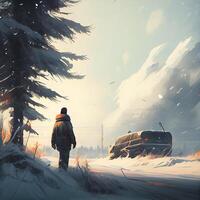 hiver paysage avec une voiture sur le route dans le forêt. numérique peinture, ai génératif image photo