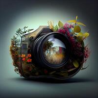 rétro caméra avec fleurs et les plantes sur foncé arrière-plan, 3d illustration, ai génératif image photo