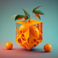 Orange cube avec feuilles et mandarines sur bleu arrière-plan., ai génératif image photo