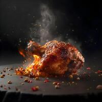 grillé poulet avec épices sur une noir assiette sur une foncé arrière-plan, ai génératif image photo