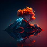 volcanique paysage avec une solitaire arbre. 3d illustration., ai génératif image photo