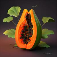 Papaye fruit sur une foncé Contexte avec feuilles. illustration., ai génératif image photo