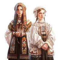 deux les filles dans traditionnel russe vêtements. isolé sur blanc arrière-plan., ai génératif image photo