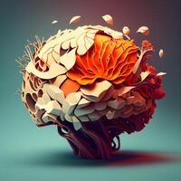 3d le rendu de une cerveau fabriqué de rouge et Orange fleurs., ai génératif image photo