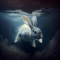 lapin nager sous-marin dans le océan. 3d rendre illustration., ai génératif image photo