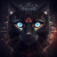 mystique noir chat avec bleu yeux et ornemental ornements sur noir arrière-plan, ai génératif image photo