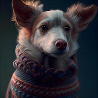 portrait de une chien dans une écharpe sur une foncé arrière-plan., ai génératif image photo