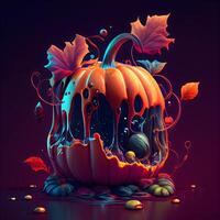 Halloween citrouilles avec l'automne feuilles et des sucreries. 3d illustration, ai génératif image photo