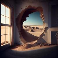 désert paysage avec le sable dunes et la fenêtre. 3d le rendu, ai génératif image photo