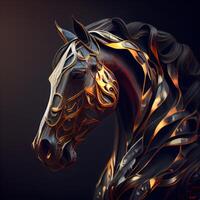 3d le rendu de une noir cheval avec une d'or modèle sur ses diriger, ai génératif image photo