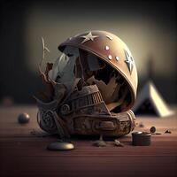 casque et petit gâteau sur une en bois tableau. 3d illustration, ai génératif image photo