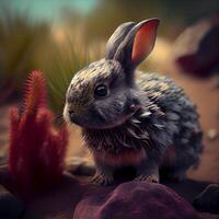 3d le rendu de une mignonne peu lapin dans une désert environnement., ai génératif image photo