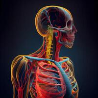 Humain squelette anatomie avec du sang navires sur foncé Contexte. 3d illustration, ai génératif image photo