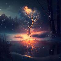 fantaisie illustration de une arbre dans une neigeux forêt à nuit., ai génératif image photo