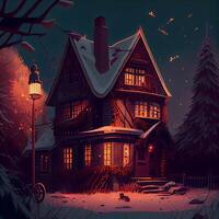 illustration de un vieux maison dans le les bois. Halloween nuit., ai génératif image photo