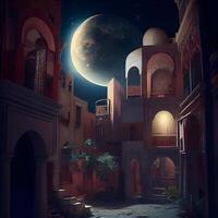 fantaisie nuit vue de mosquée avec plein lune. 3d le rendu, ai génératif image photo