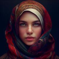 portrait de magnifique Jeune musulman femme dans foulard., ai génératif image photo