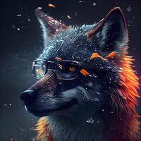 mode portrait de une Loup dans des lunettes de soleil. numérique La peinture avec l'eau gouttes., ai génératif image photo