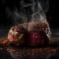 grillé du boeuf steak avec épices et fumée sur une noir arrière-plan., ai génératif image photo