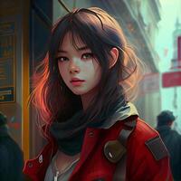 futuriste fille dans rouge manteau dans le ville. 3d le rendu, ai génératif image photo