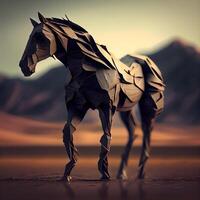 cheval origami dans le désert. 3d le rendu. ordinateur numérique dessin., ai génératif image photo