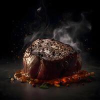 steak sur une noir Contexte avec fumée et feu, proche en haut, ai génératif image photo