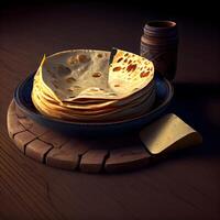 illustration de une empiler de Crêpes avec fromage sur une en bois Contexte photo