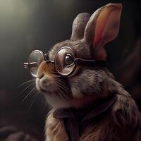 marrant lapin dans des lunettes sur une foncé Contexte. 3d le rendu photo