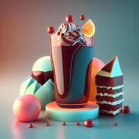 Milk-shake avec fouetté crème et des fruits. 3d illustration. photo