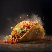 tacos avec Viande et des légumes sur une noir Contexte avec Feu photo