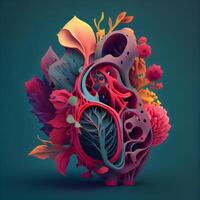 Humain cœur organe avec coloré feuilles et fleurs. 3d illustration. photo