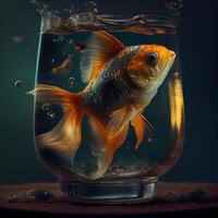 poisson rouge dans une verre bol avec l'eau sur une foncé Contexte. photo