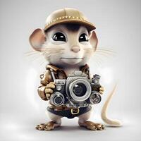 mignonne rat photographe avec caméra sur gris Contexte. 3d illustration. photo