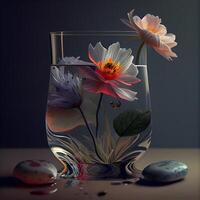 fleurs et des pierres dans une verre vase sur une foncé Contexte photo