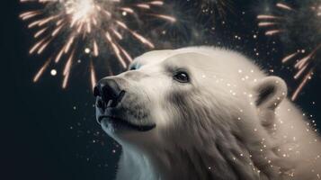 polaire ours contre le toile de fond de brillant feux d'artifice de le nord lumières.. établi avec génératif ai photo