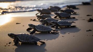 ai généré. ai génératif. macro coup de tortues fonctionnement à le l'eau océan mer. photo de nationale la géographie style. graphique art