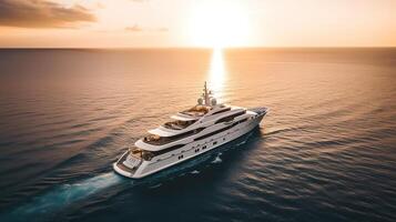 ai généré. ai génératif. photo la photographie coup aérien de drone. luxe gros bateau yacht. croisière aventure vacances ambiance. pouvez être utilisé pour promouvoir conception agence. graphique art