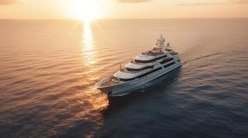 ai généré. ai génératif. photo la photographie coup aérien de drone. luxe gros bateau yacht. croisière aventure vacances ambiance. pouvez être utilisé pour promouvoir conception agence. graphique art