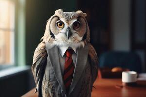 un hibou dans une affaires tenue établi avec génératif ai technologie. photo