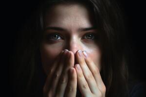 visage paume portrait de une femme établi avec génératif ai technologie. photo