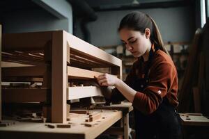 une femelle artisan construit une étagère établi avec génératif ai technologie. photo