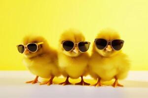 Trois Jaune poussins avec des lunettes de soleil établi avec génératif ai technologie. photo