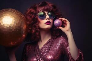 Jeune femme dans un Années 80 disco tenue établi avec génératif ai technologie. photo
