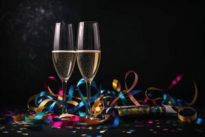 Champagne des lunettes et coloré banderoles et briller confettis sur une content Nouveau année Contexte établi avec génératif ai technologie. photo