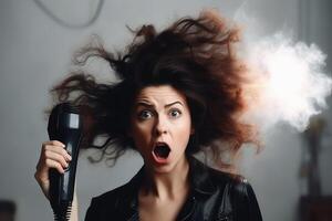 une femme avec une très sauvage coiffure regards étonné à un a éclaté sèche-cheveux établi avec génératif ai technologie. photo